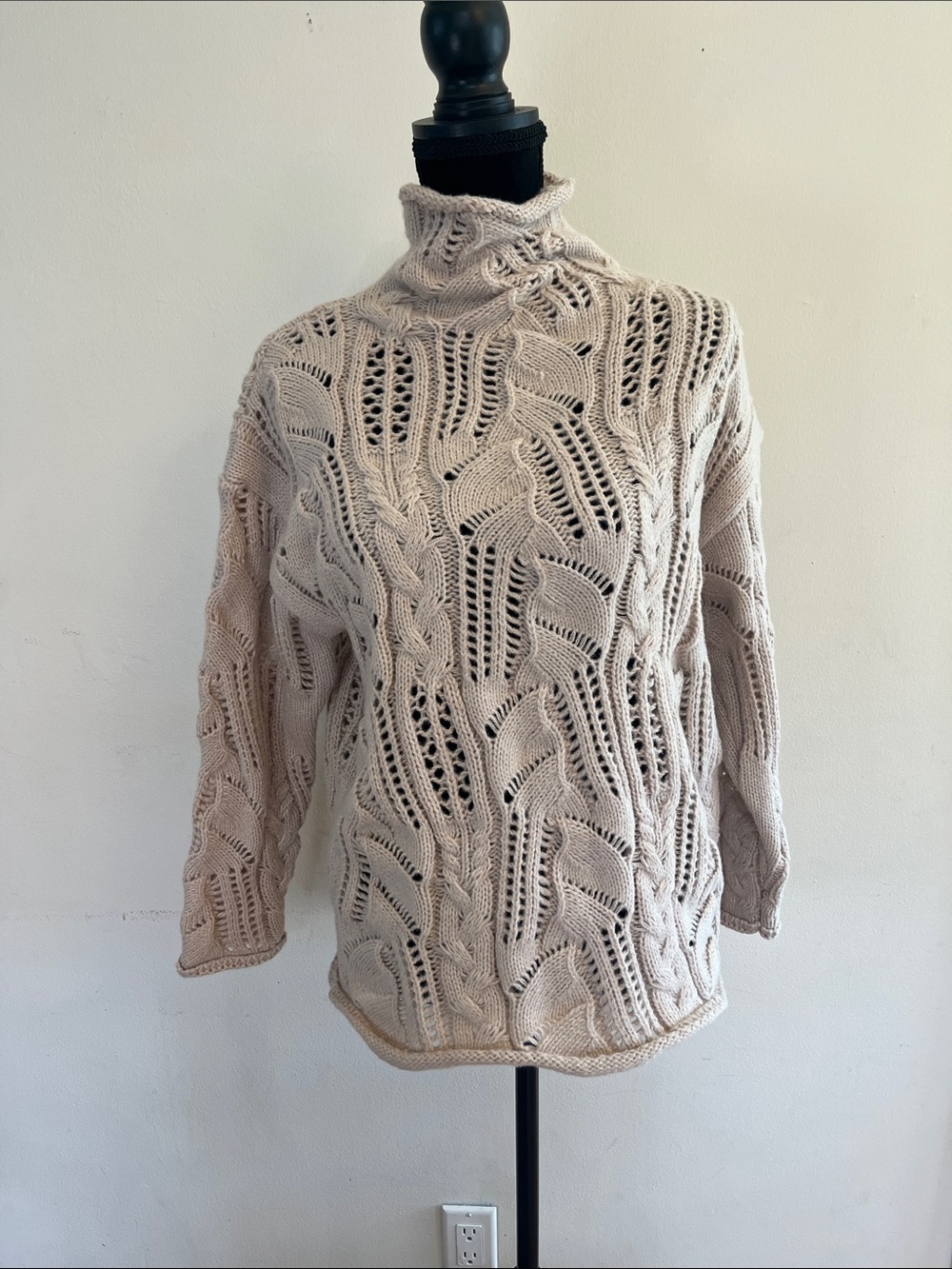 Open-Knit Cream Turtleneck Sweater